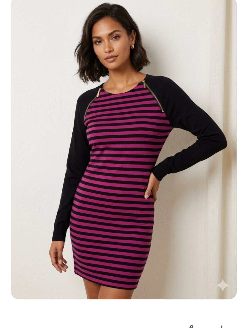 Michael Kors Black and Fuchsia Striped Long Sleeve Dress with Gold Zippers